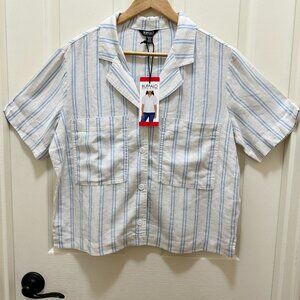 New Buffalo Women's Linen Blend Cropped Shirt Top Size M Blue Coastal Stripe